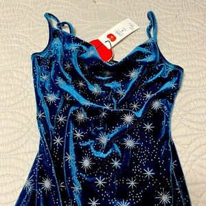 Velvet Cowl Neck Star Pattern Mermaid Maxi Dress Blue